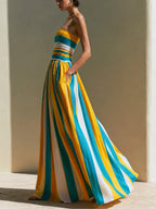 Yellow and blue striped smocked strapless maxi dress