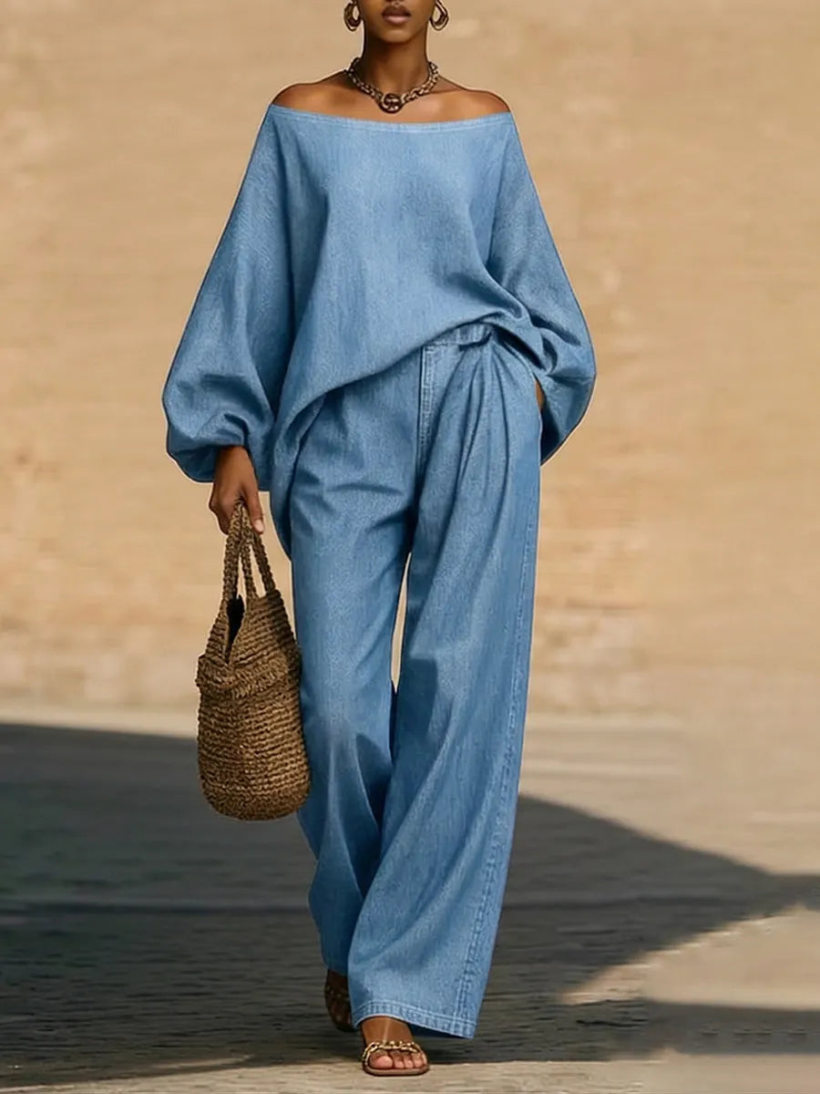 Stylish & Cozy Off-shoulder Denim Two-piece Set