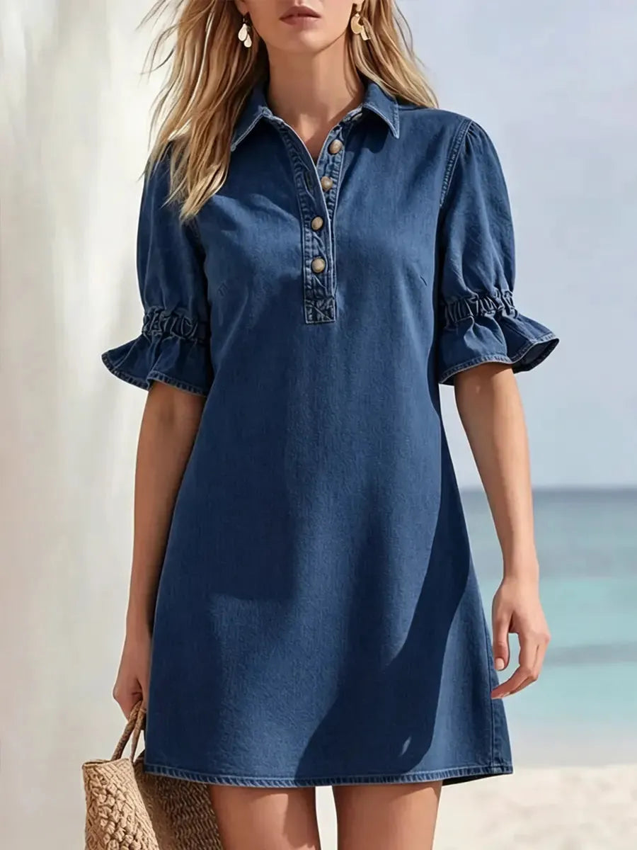 Women's Casual Puff Sleeve Denim Shirt Dress