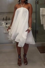 Women Neck Hanging Patchwork Solid Color Sexy Casual Dress