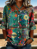 Vintage Floral Print Casual Hollow-Out Denim Shirt