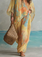 Sunset-Blooming Print Kaftan Top and Wide-Leg Pants Set
