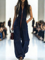 Pockets Zipper High Waisted Sleeveless Stand Collar Jumpsuits