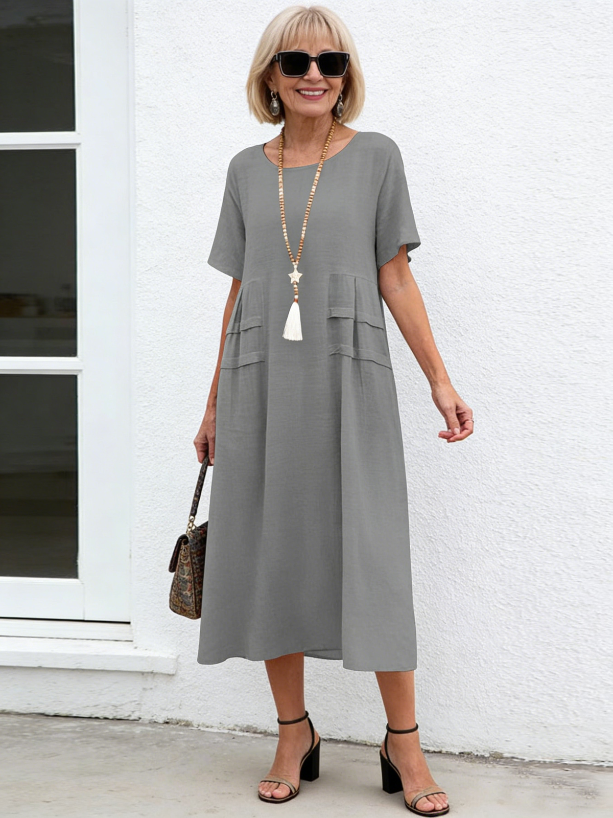 Plus Size Loose Casual Cotton and Linen Solid Color Round Neck Short-sleeved Medium and Long Dress