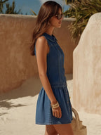 Retro Coastal Blue Denim Peter Pan Collar Button-Down Sleeveless Mini Dress