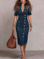 Edgy Mesh Yoke Denim Bodycon Dress with Button Front