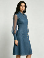 Elegant Stand-Collar Denim Dress with Organza Paneling