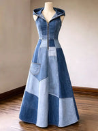 Color-block Western-style Maxi Dress With Zipper