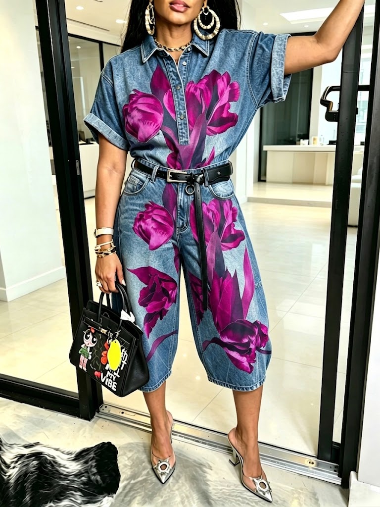 Stylish Casual Floral-print Denim Shirt And Jeans Two-piece Set