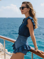Resort-Style Ruffled Cotton-Linen Top And Denim Shorts Set