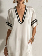 Minimalist Satin V-Neck Short-Sleeve Loose Maxi Dress