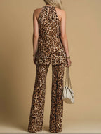 Elegant Leopard Print Sleeveless Chiffon Top And Flared Pants Set