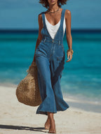 Chic Vacation-Style Blue Denim Flared Cropped Overalls