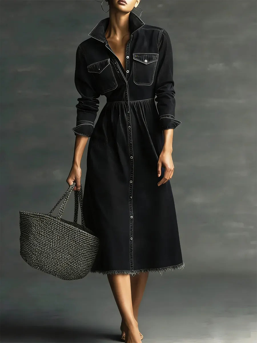 Women's Stylish Art Casual Stand Collar Washed Denim Dress