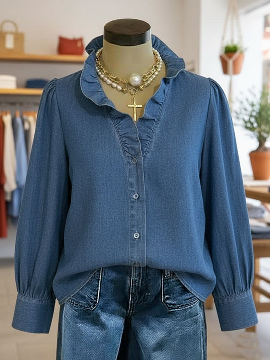 Romantic Ruffled Collar Denim Shirt