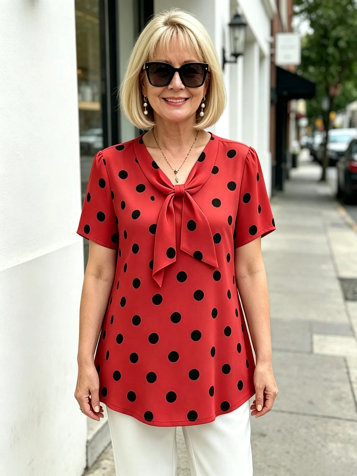 Yellow Polka Dot Chiffon Blouse, V Neck Front Tie Short Sleeve Loose Tummy Concealing Shirt for Mature Women