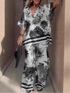 Casual V-neck printed short-sleeved top and wide-leg pants set