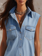 Casual Resort-Style Sleeveless Collared Button-Down Denim Mini Dress