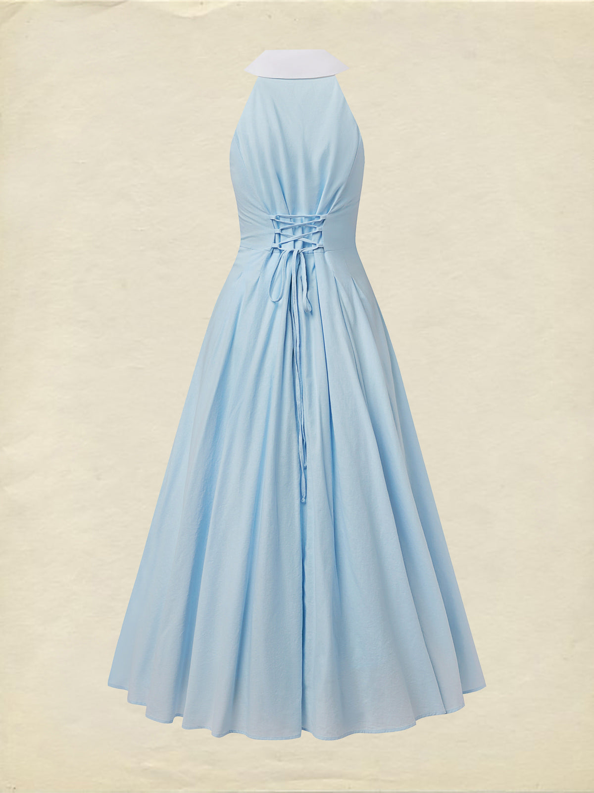 Maxi Linen Dress, Sleeveless, Shawl Collar, Plain, Button Design, Vintage, Blue