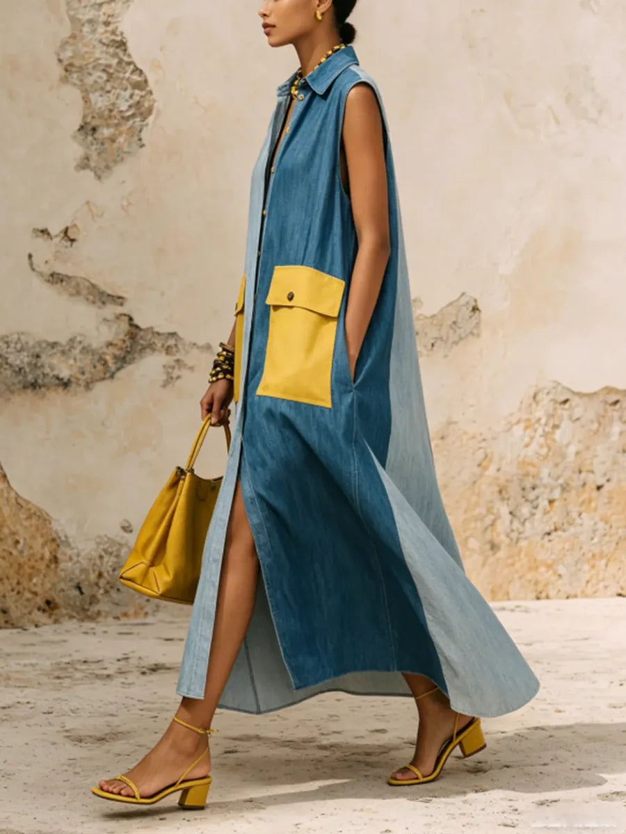 Artistic Color-block Lightweight Denim Dress