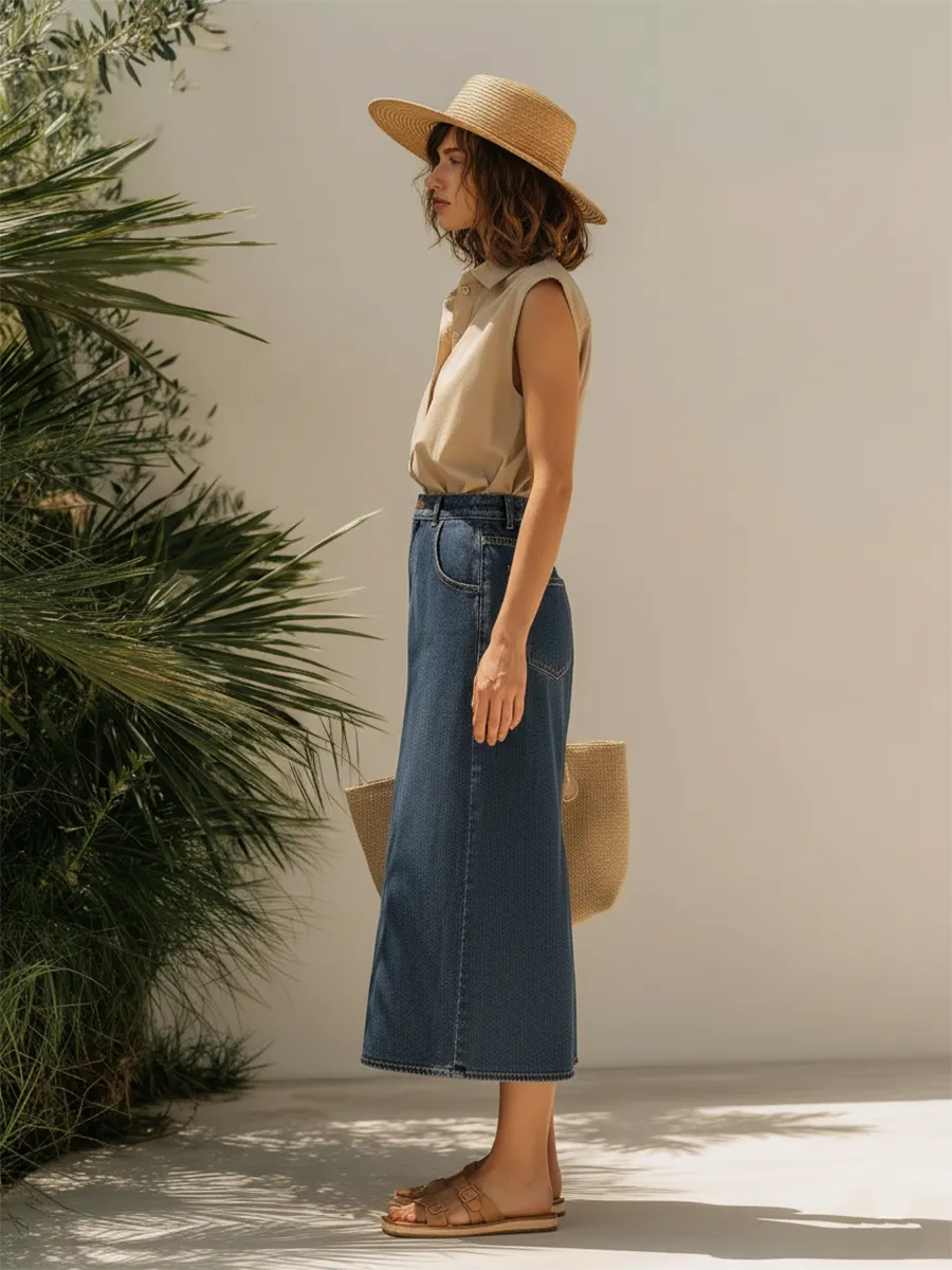 Resort Style Sleeveless Top And Denim Skirt Set