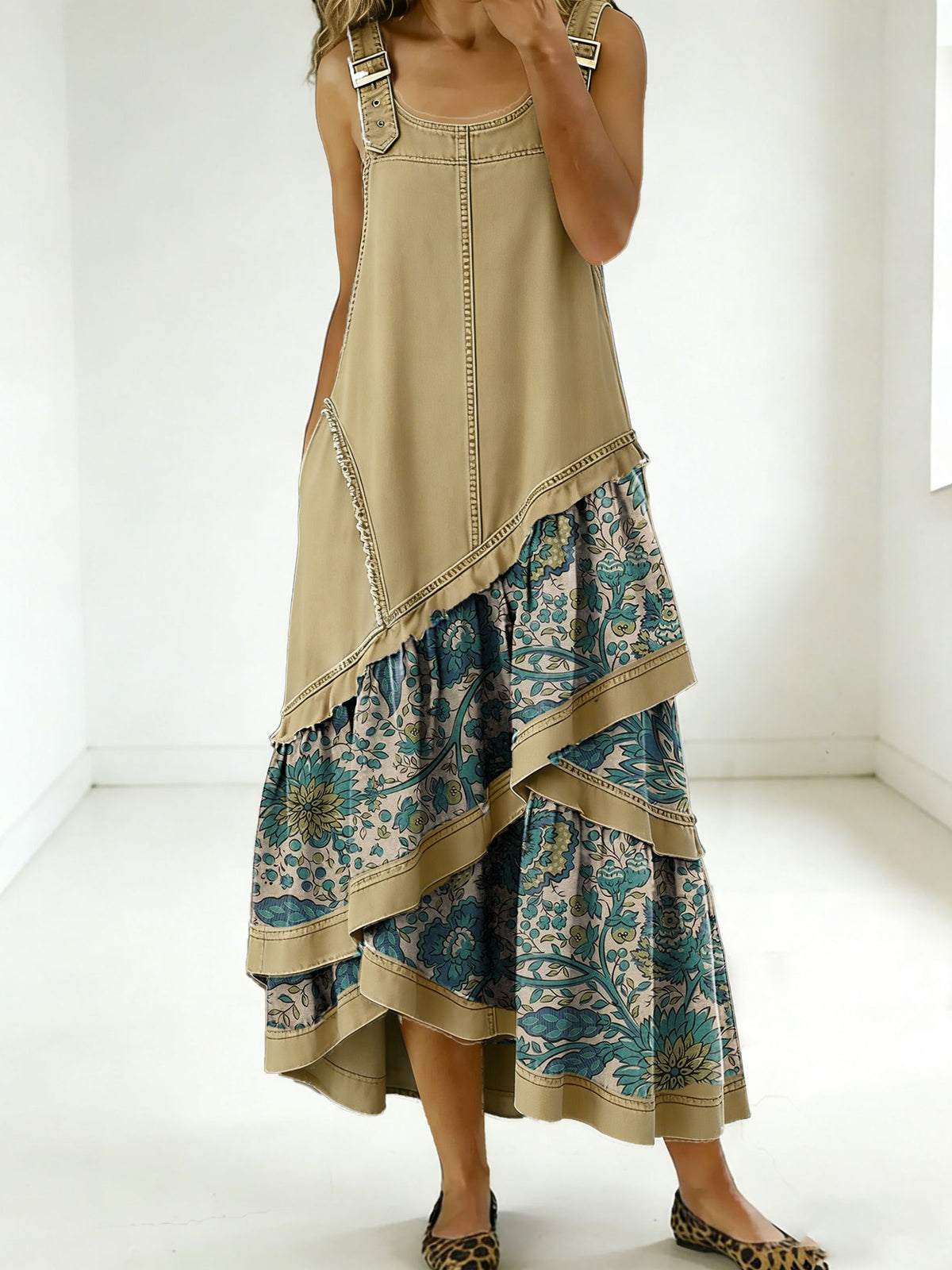 Women's Fashion Floral Denim Design Sleeveless Multi-layered Ruffled Strap Dress