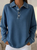 Casual Loose-fitting Polo Button-up Denim Sweatshirt