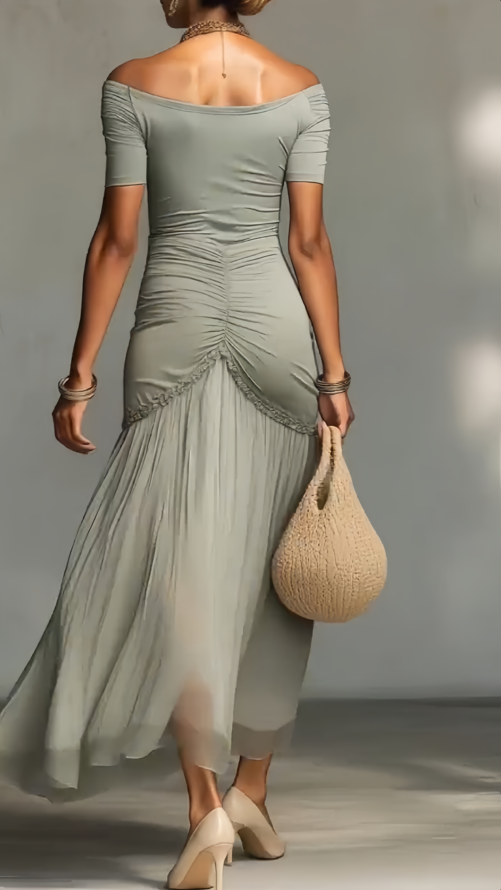 Sage Off-Shoulder Ruched Maxi Dress