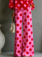 Retro Pink Polka Dot Off-shoulder Top And Wide-leg Pants Two-piece Set