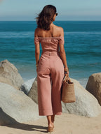 Sophisticated Chic Off-Shoulder Pink Denim Wide-Leg Cropped Jumpsuit