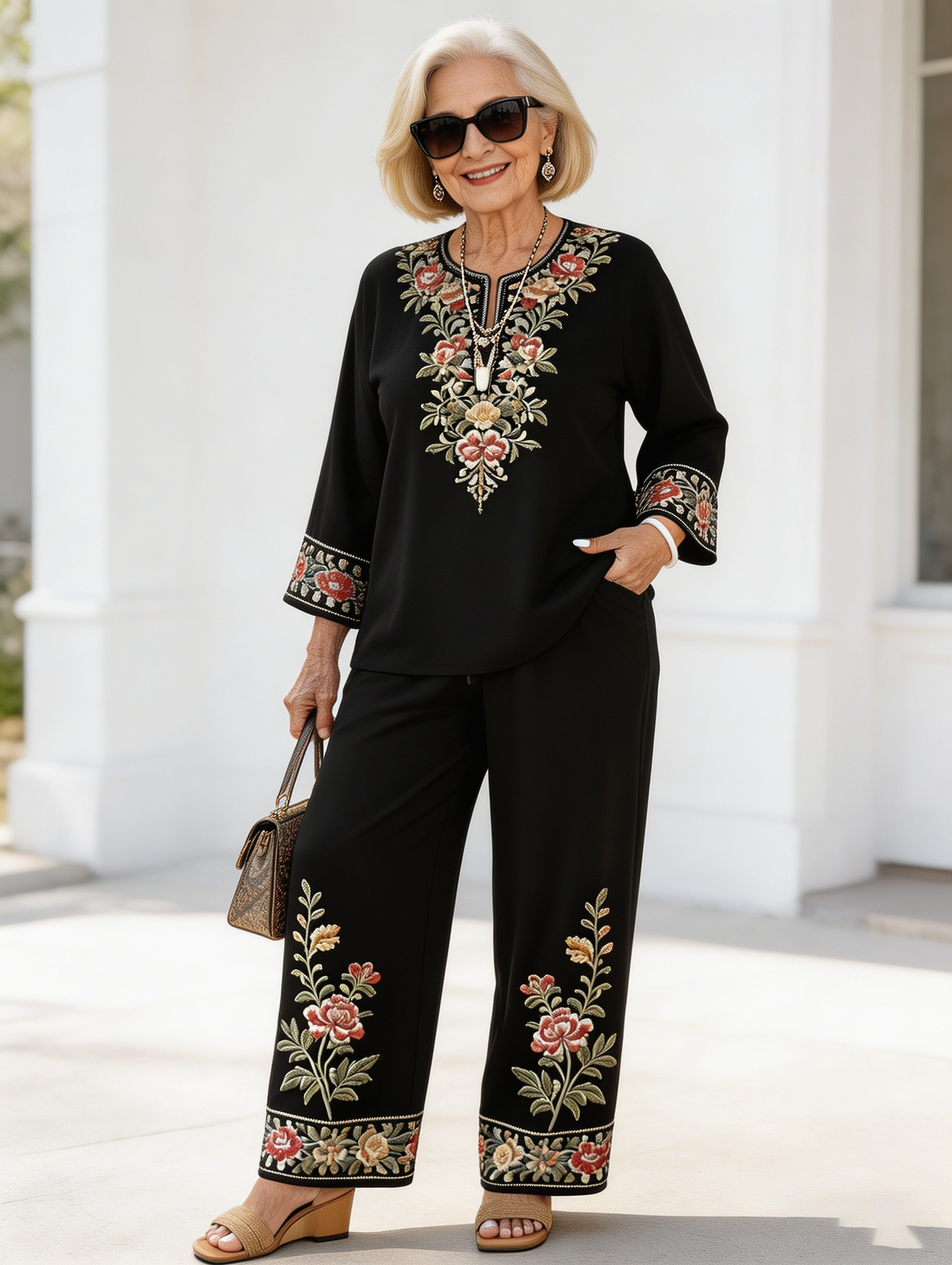 2Pcs Vacation Long-sleeved Lace Flower Long-sleeved Ethnic Style Suit