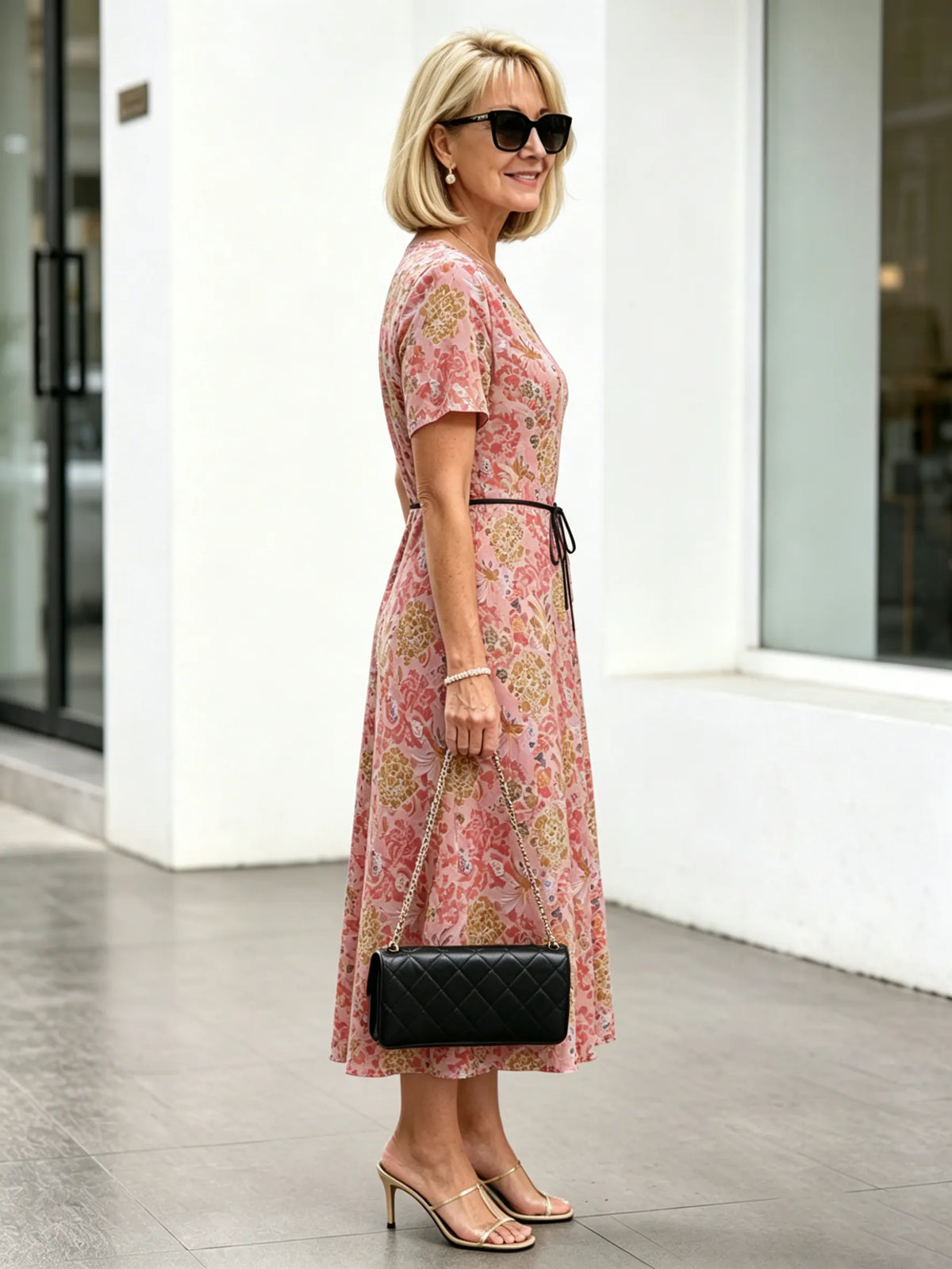 Orange Floral V-Neck Midi Dress, Short Sleeve Elastic Waist Slimming Temperament Long Dress for Mature Women