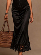 Vintage Lace Cami Spliced Satin Lace Hem Midi Dress