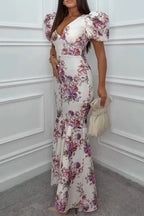 Women V-neck Slim Fit Patchwork Print Elegant Temperament Dress
