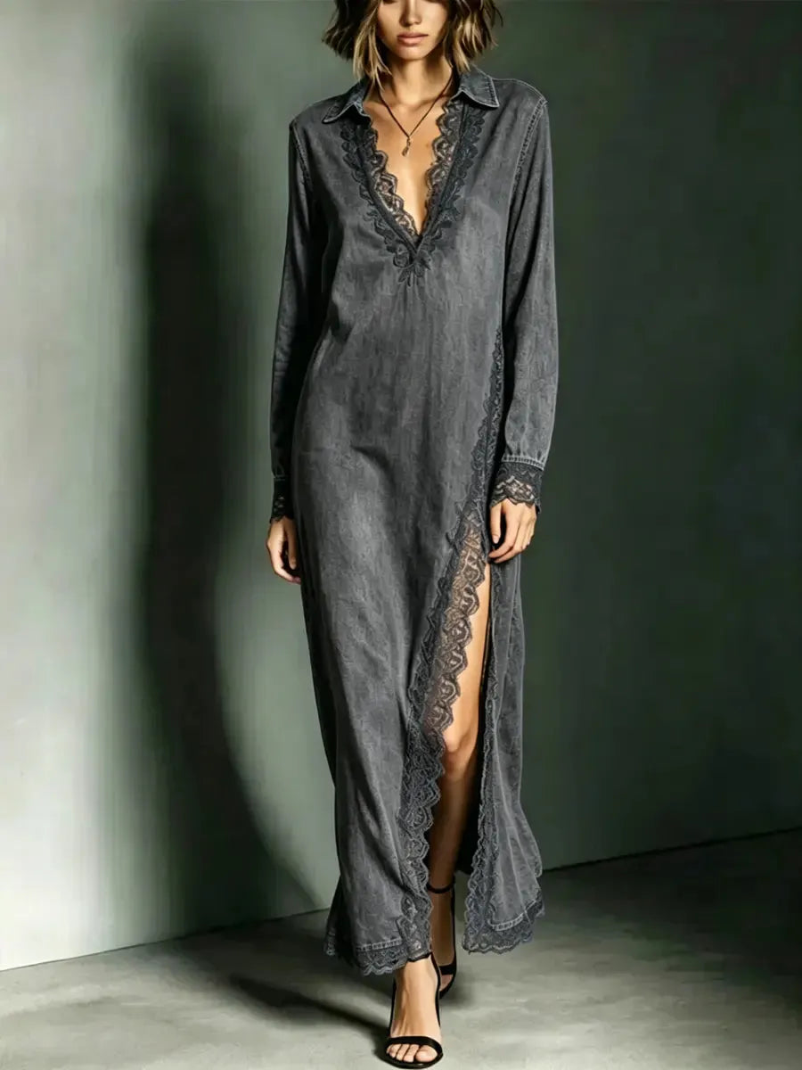 Women's Casual Denim Dress With Lace Trim