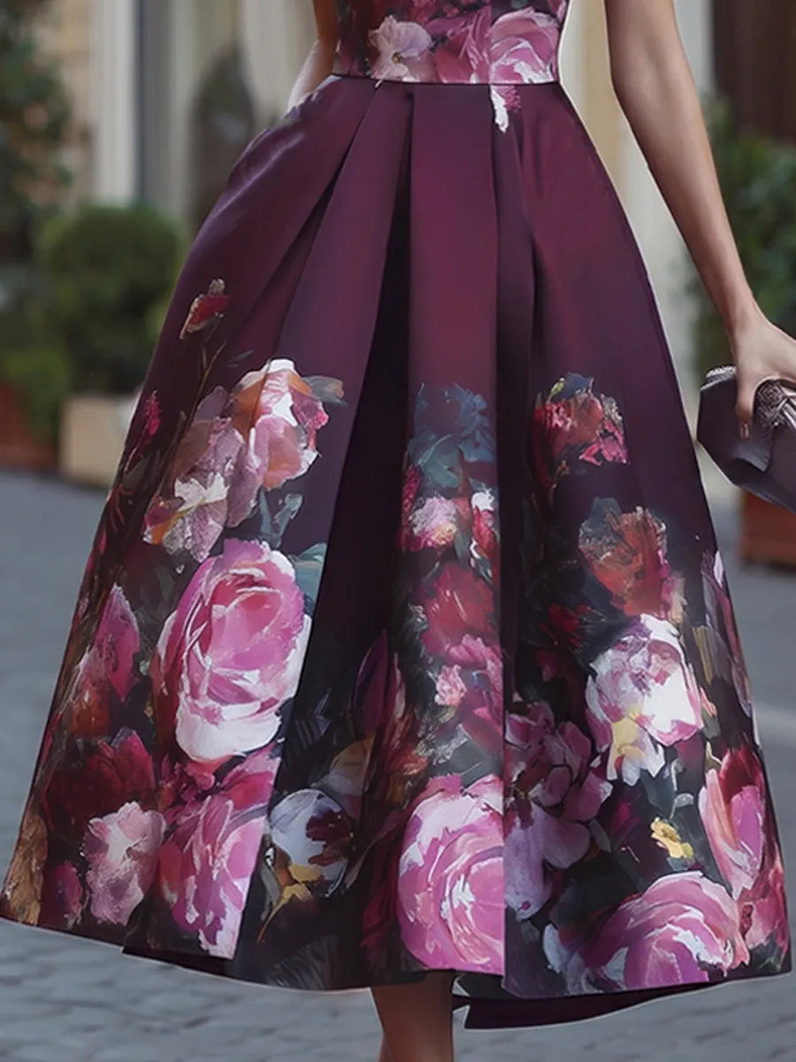 Floral A-Line Midi Dress With Fitted Bodice