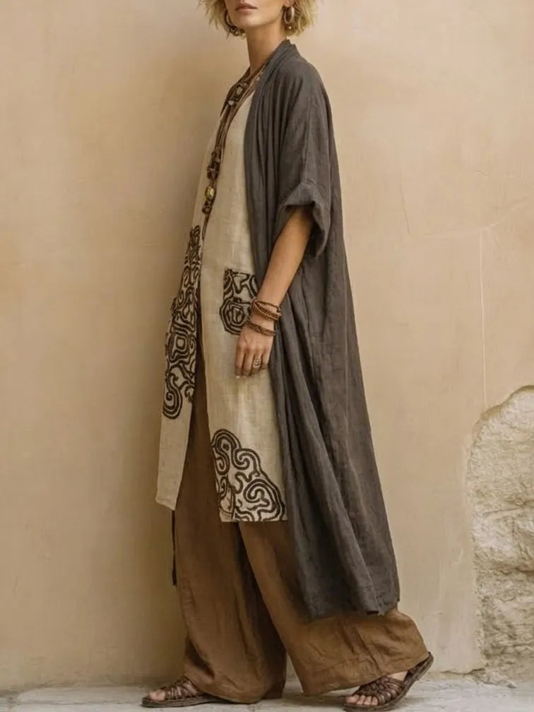 Bohemian Nomadic Dark Gray And Brown Tribal Pattern Three-piece Set