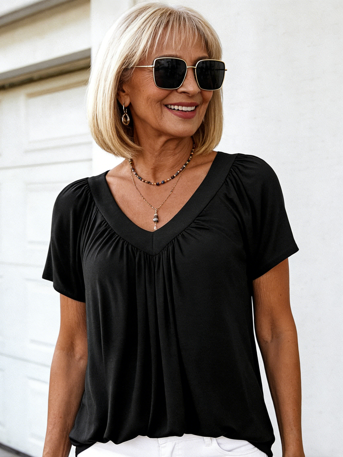 V-neck Shoulder Sleeve Pleated Casual Daily Home T-shirt