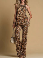 Elegant Leopard Print Sleeveless Chiffon Top And Flared Pants Set
