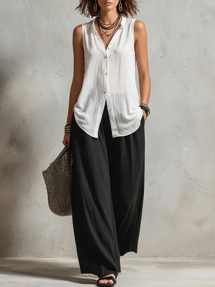 Minimalist Layered Vest Cardigan And Wide-leg Pants Three-piece Set