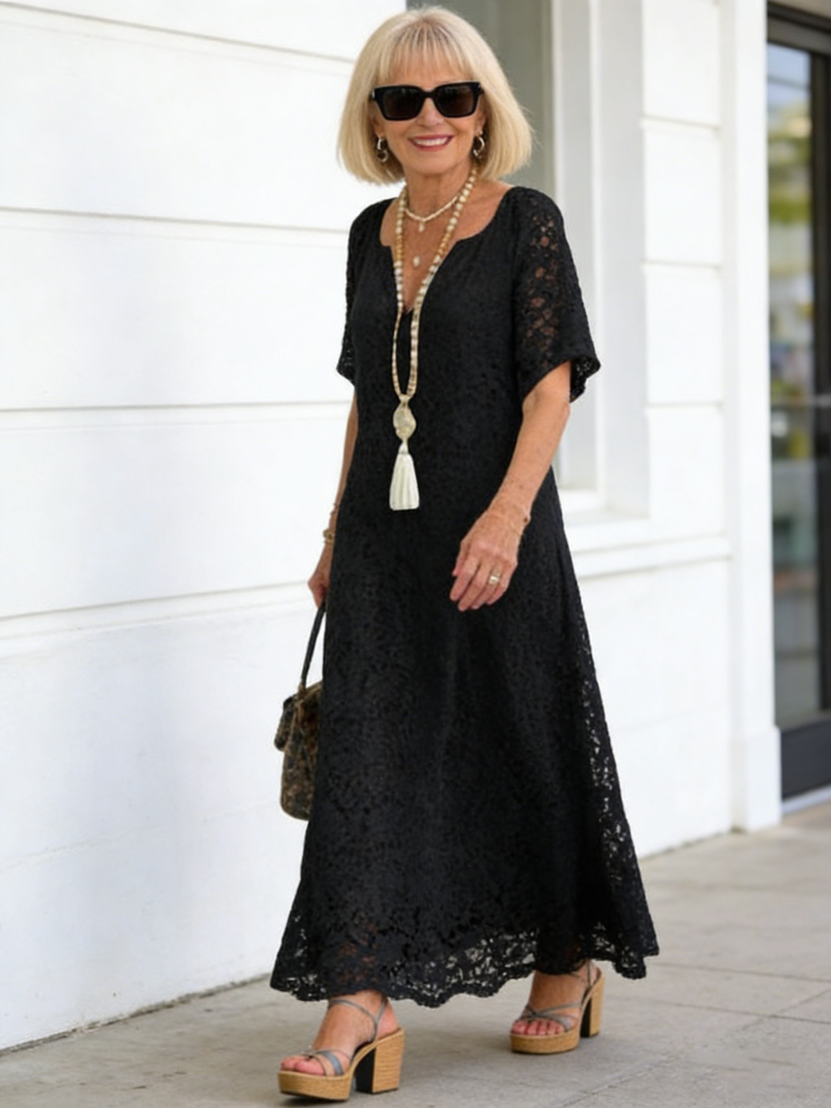 Fashion Summer Dress Women's Elegant V-Neck Short Sleeve Casual Long Dress Lace Crochet Vacation