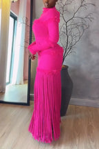 Women Round Neck Patchwork Tassel Solid Color Elegant Temperament Dress