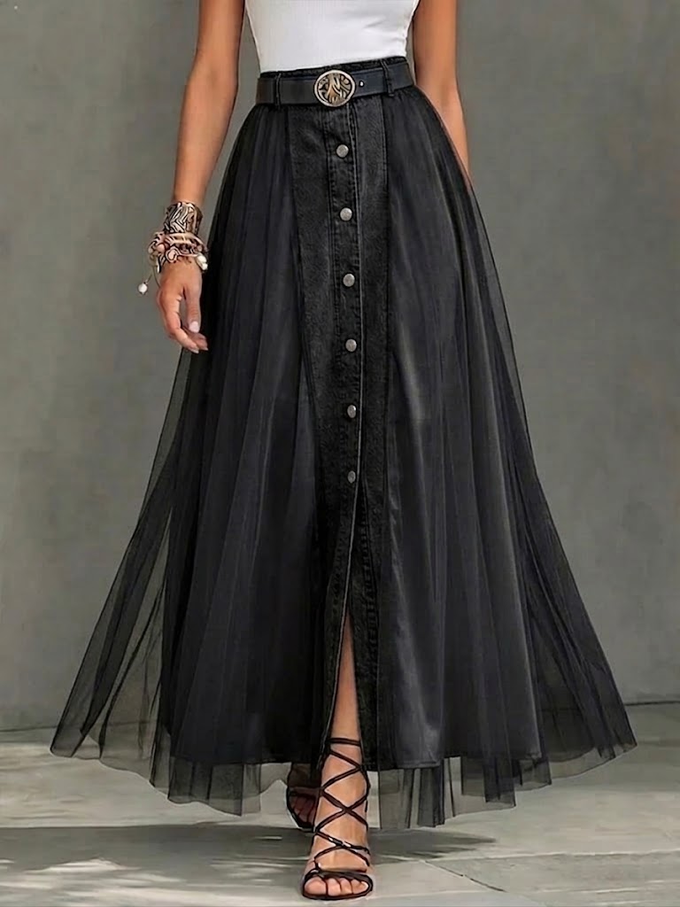 Casual Paneled Mesh Denim Skirt
