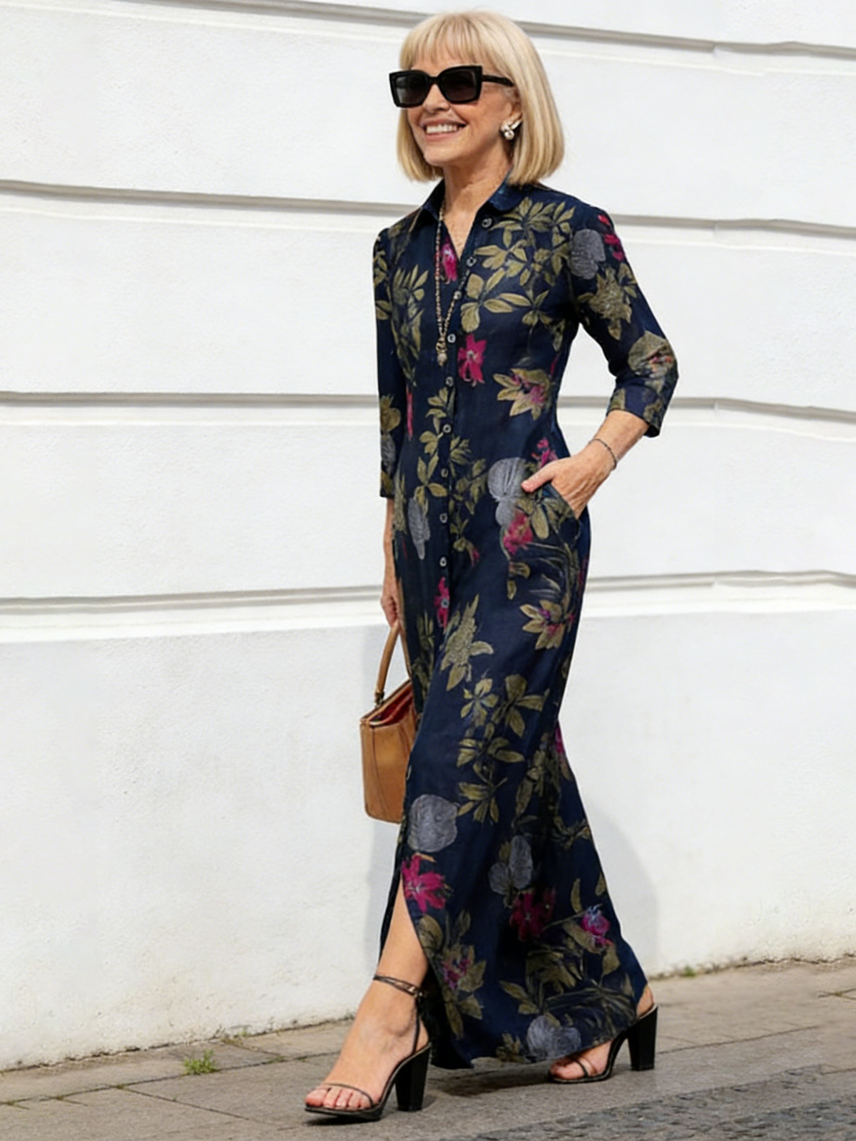 Casual Positioning Print Pocket Lapel Collar Button Long Dress