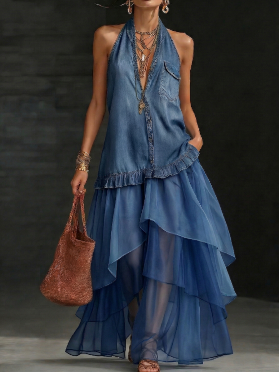 Boho Organza Hem Loose-fit Denim Maxi Dress