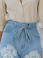 Vacation Casual White Embroidered Light Blue Denim Shorts