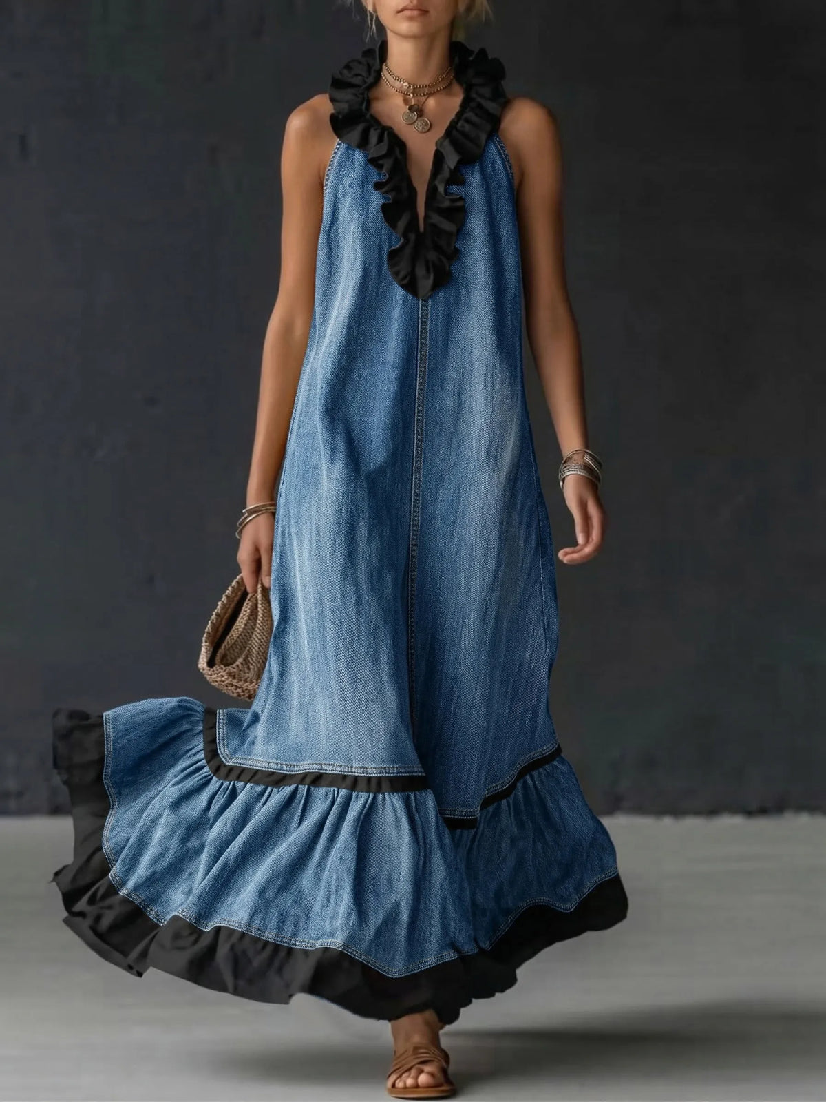 Elegant Color-block Ruffle Trim Denim Dress