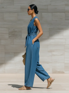 Casual Loose-fit Belted Denim Jumpsuit