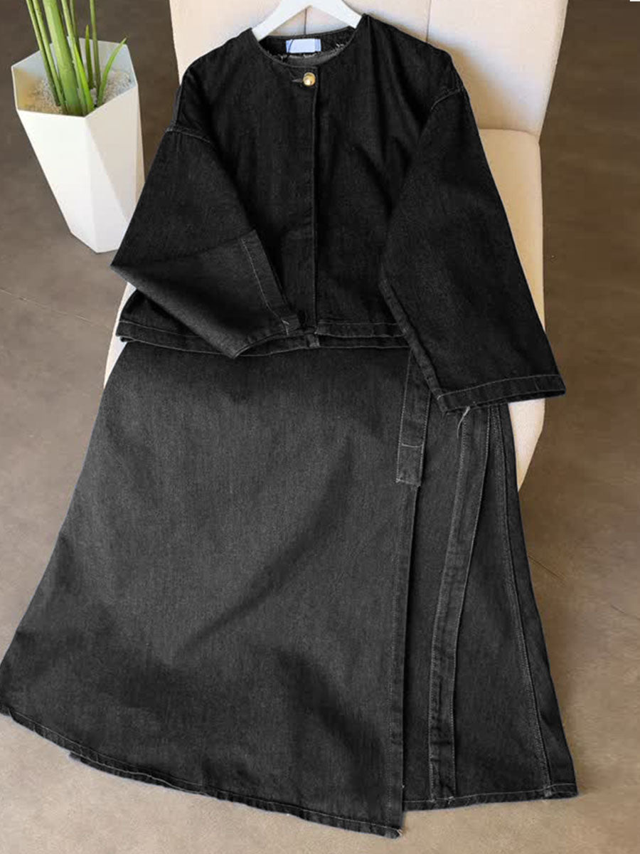 Women's Casual Denim Set: Crew Neck Long-sleeve Loose-fit Top & One-piece Wrap Skirt