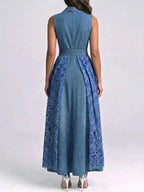 Women's Casual Loose Denim And Lace Patchwork Dress With Lapel Collar And Sleeveless Design
